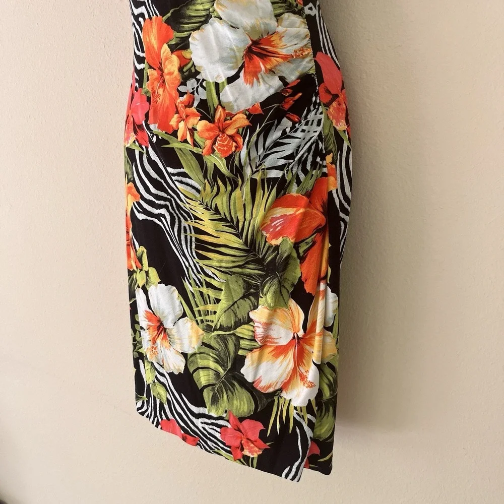 Vintage Cache Bodycon Dress Medium Faux Wrap Tropical Zebra 90s Maximalist USA - Picture 3 of 12